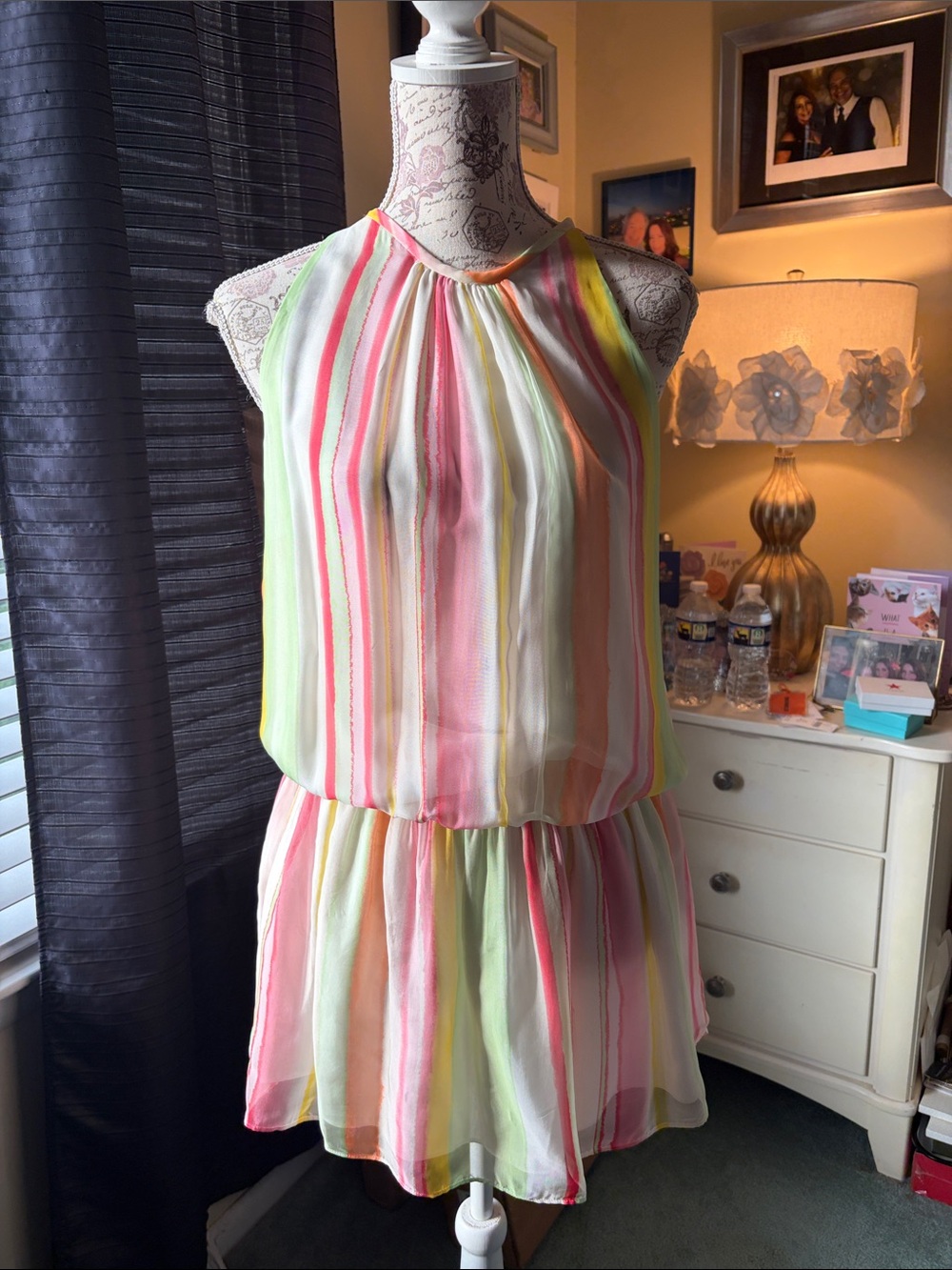 Ramy Brook Sleeveless Pastel Striped Halter Dress - Pink/Yellow/Green